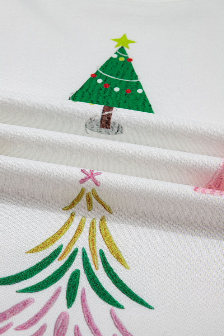 White Stripe Multi Christmas Tree Long Sleeve Top and Shorts 2pcs Lounge Set