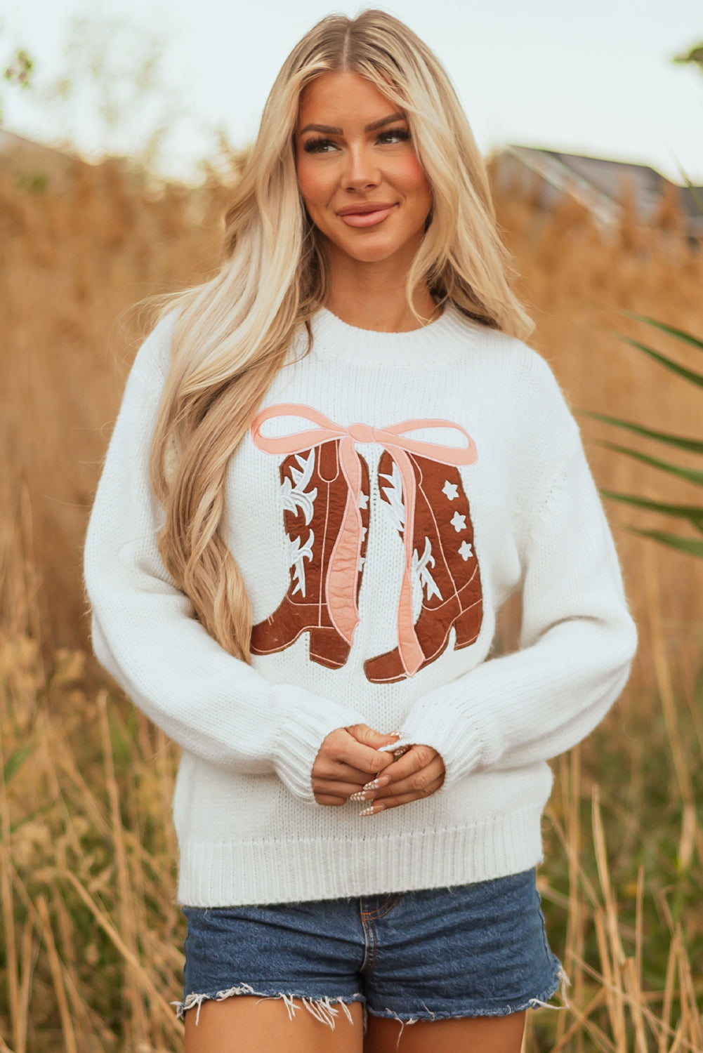 Embroidered Bow Boots Graphic Drop Shoulder Sweater