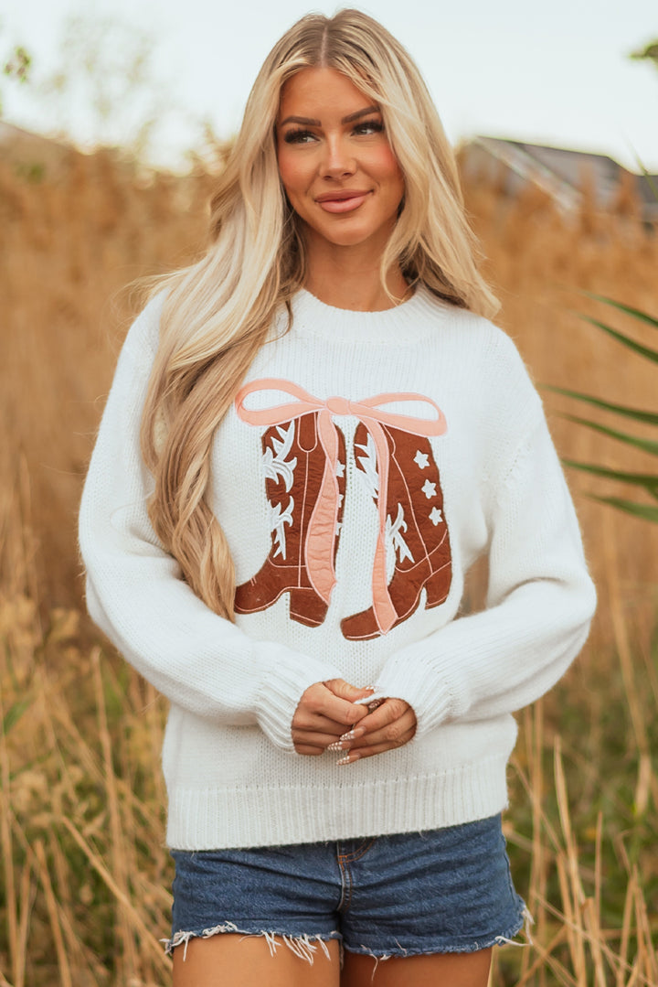 Embroidered Bow Boots Graphic Drop Shoulder Sweater