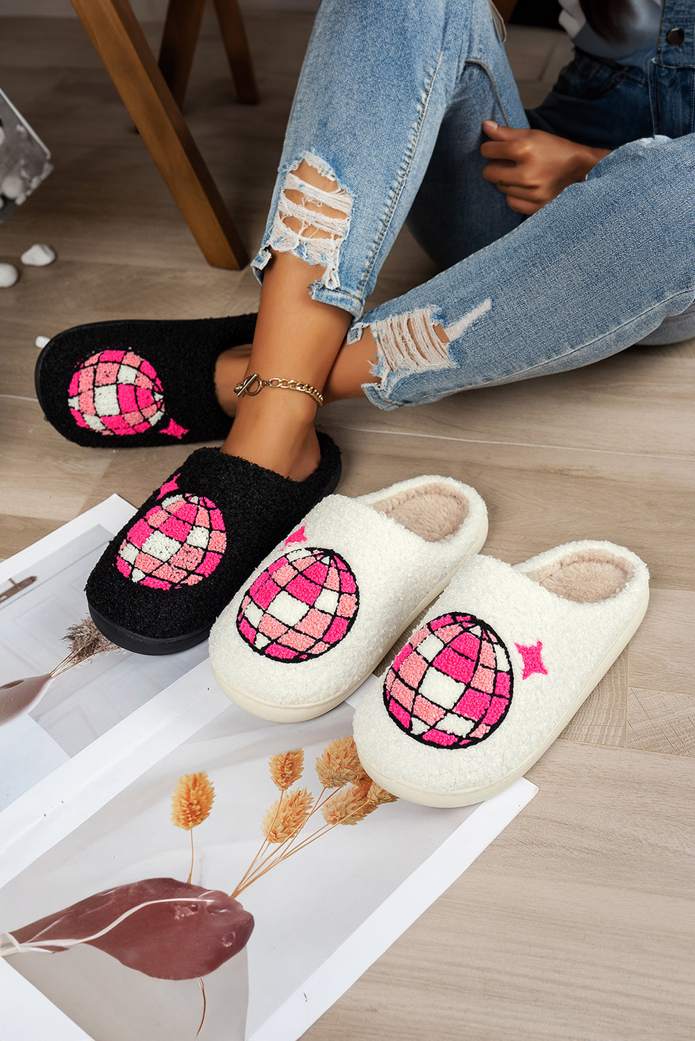 Disco Ball Print Fuzzy Winter House Slippers