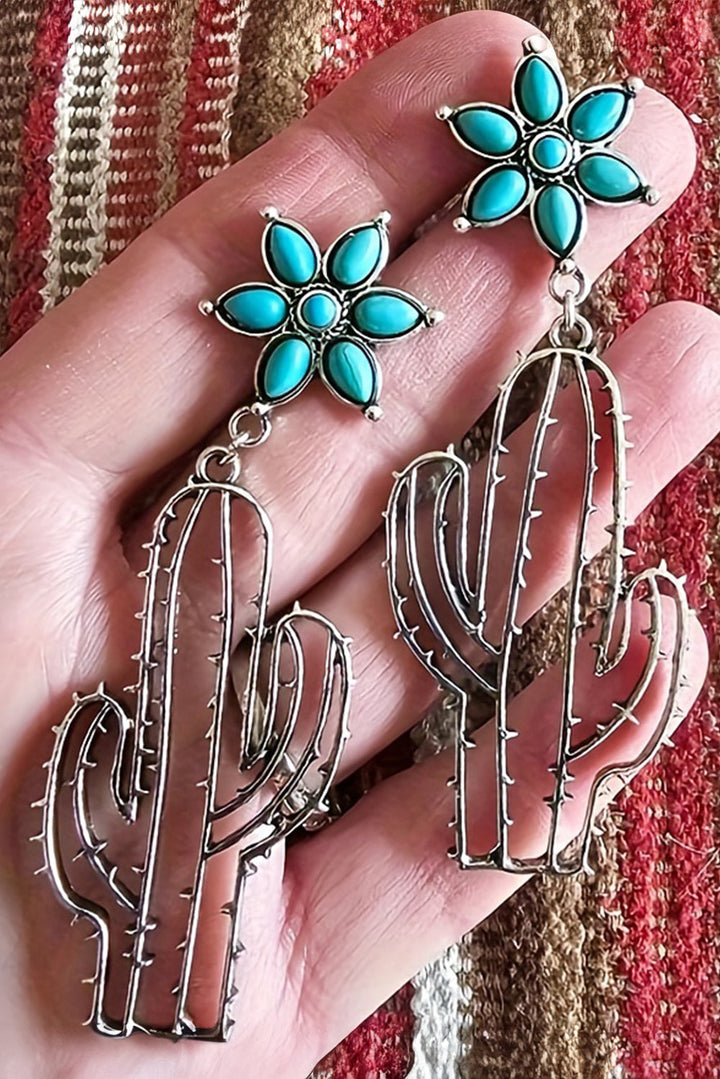 Boucles d'oreilles pendantes en forme de cactus et de fleurs turquoise occidentales