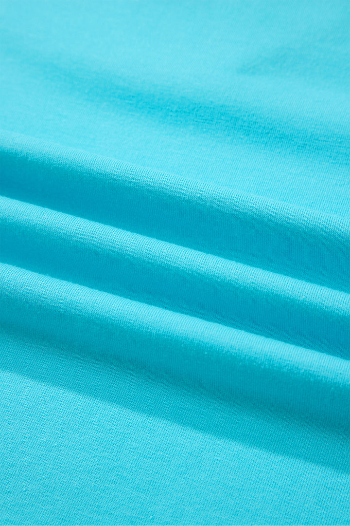 Turquoise Solid Color V Neck Short Puff Sleeve Blouse