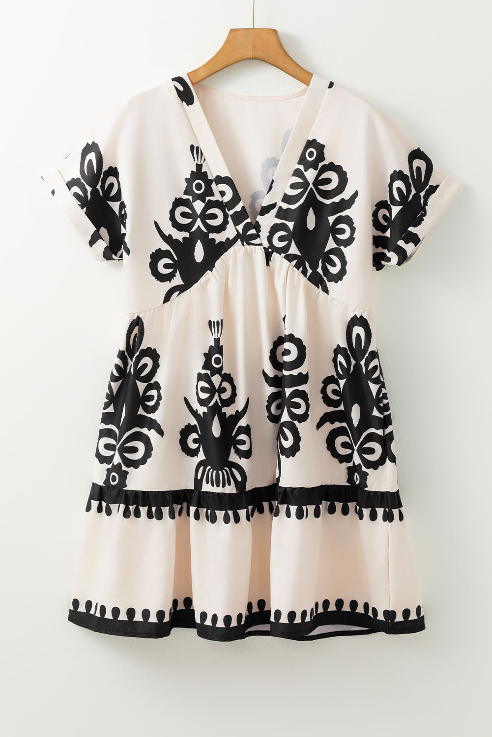 Vintage Print V Neck High Waist Short Sleeve Dress