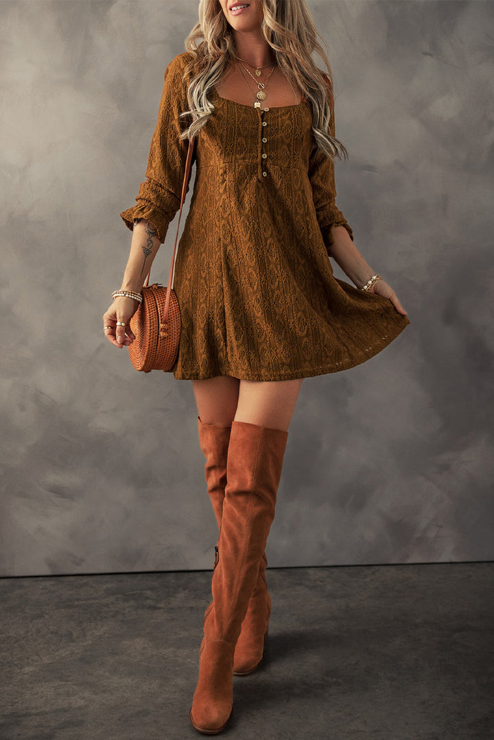 Lace Crochet Buttoned Square Neck Shift Mini Dress