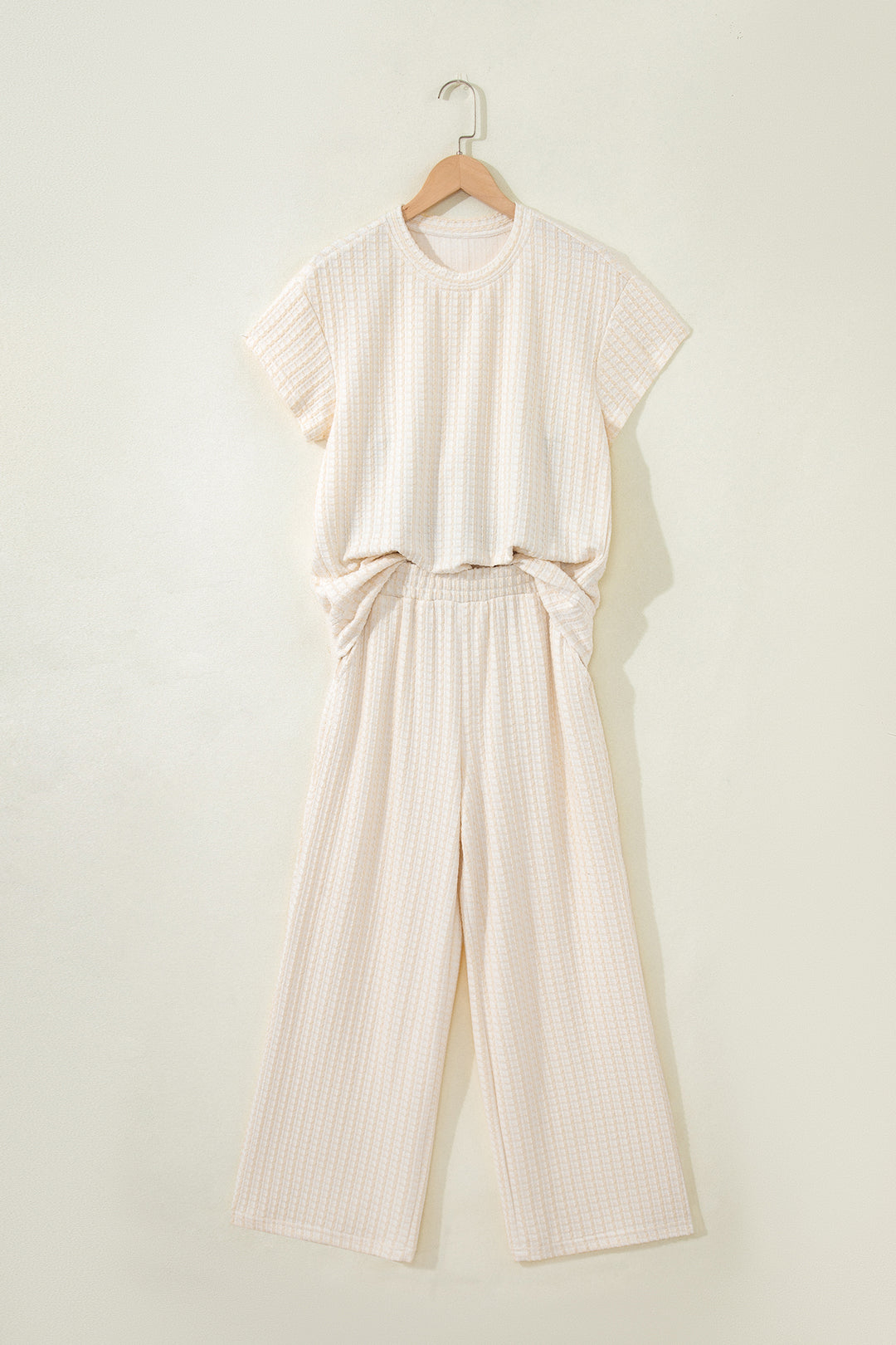 Beige Texture Loose Short Sleeve Top and Cropped Pant Set