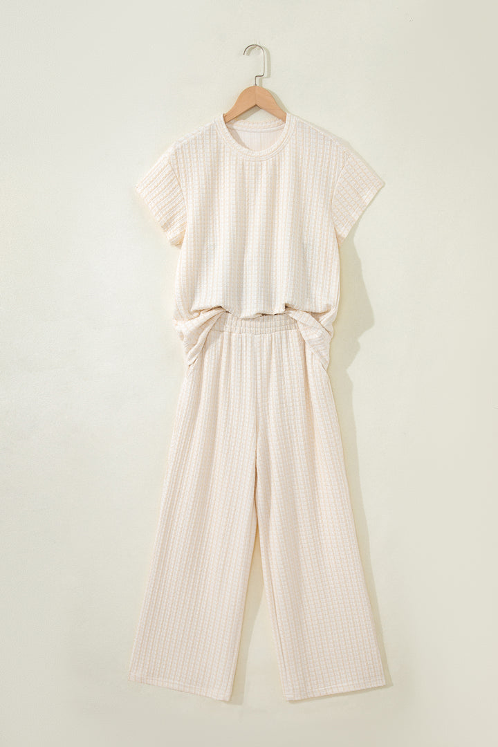 Beige Texture Loose Short Sleeve Top and Cropped Pant Set