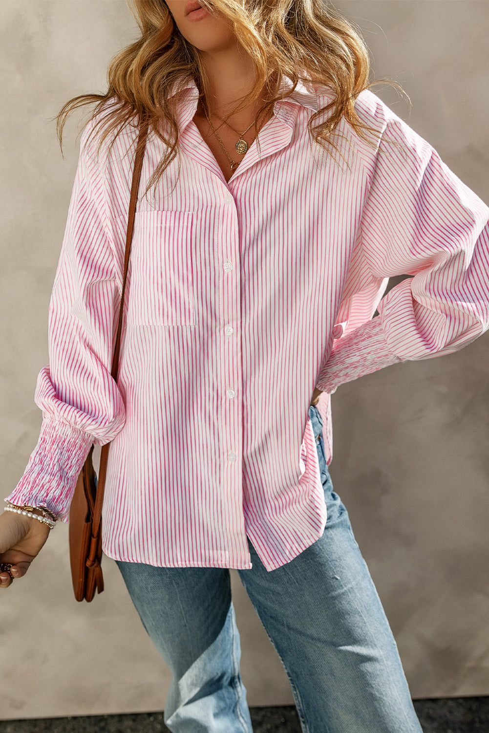 Shirred Cuffs Collared Raglan Sleeve Relaxed Shirt