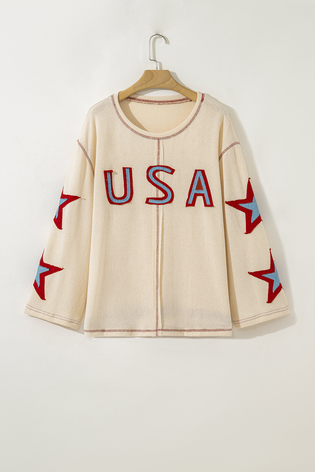 Beige USA Star Contrast Patchwork Long Sleeve Top
