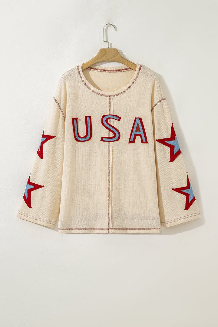 Beige USA Star Contrast Patchwork Long Sleeve Top