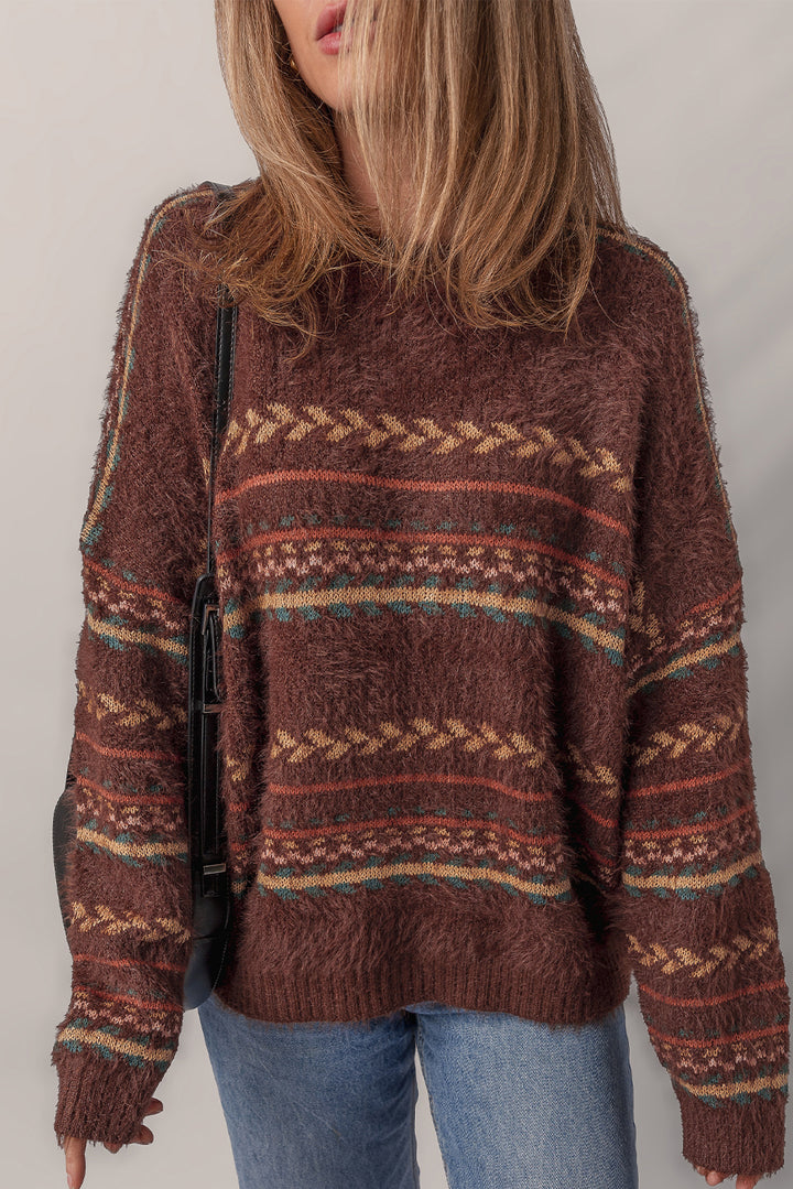 Ethnic Pattern Mohair Knitted Drop Shoulder Sweater