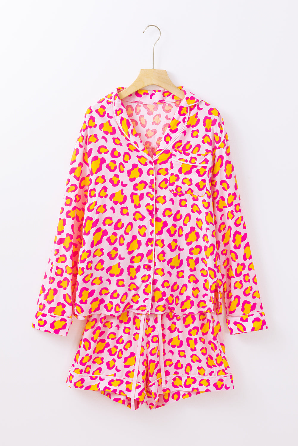 leopard print long sleeve shirt and shorts pajama set