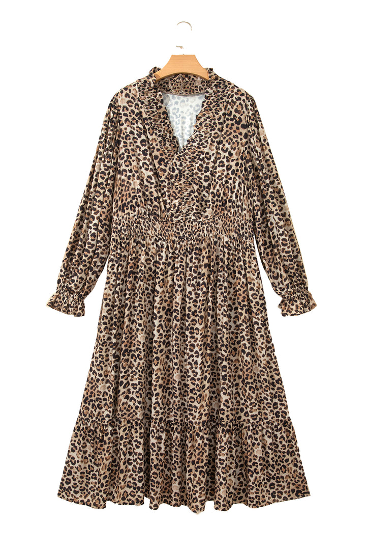 Brown Leopard Print V Neck Long Sleeve Gathered Waist Plus Size Dress