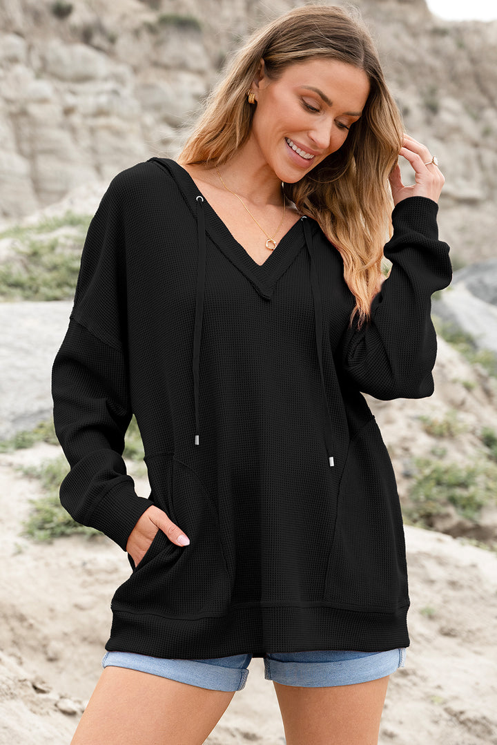 Oversize Waffle Drop Shoulder Exposed Seam V Neck Hoodie with Pockets