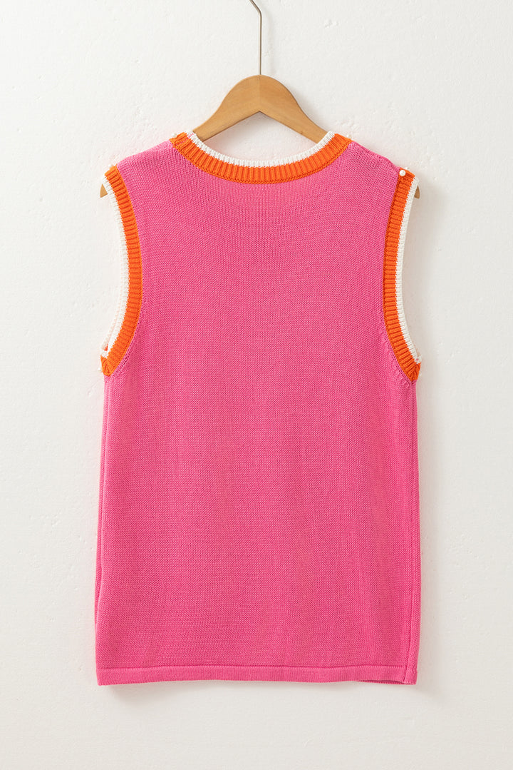 Contrast Trim Pearl Detail Sweater Tank Top