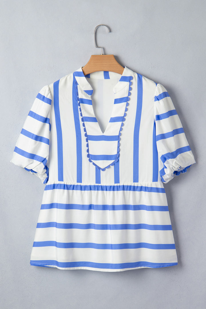 Sky Blue Stripe Split V Neck Puff Sleeve Summer Blouse