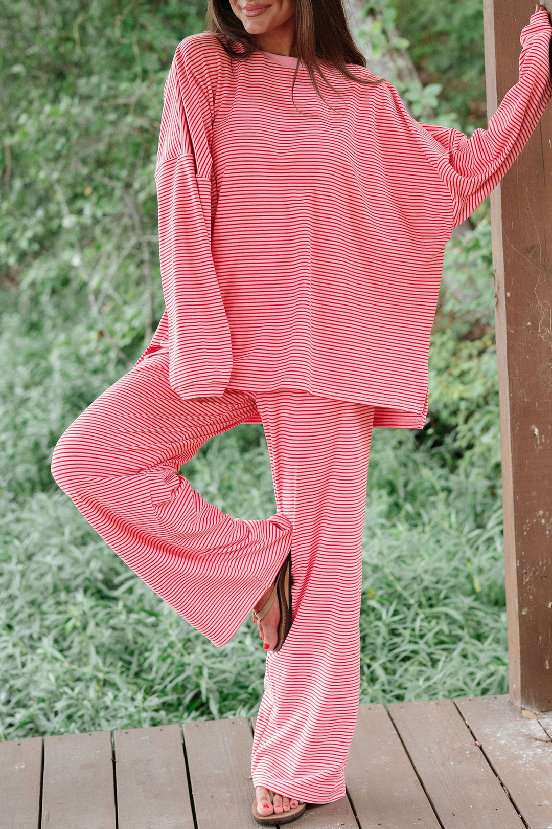 Pink Stripe Contrast Trim Round Neck Oversize Long Sleeve Top 2pcs Pant Set