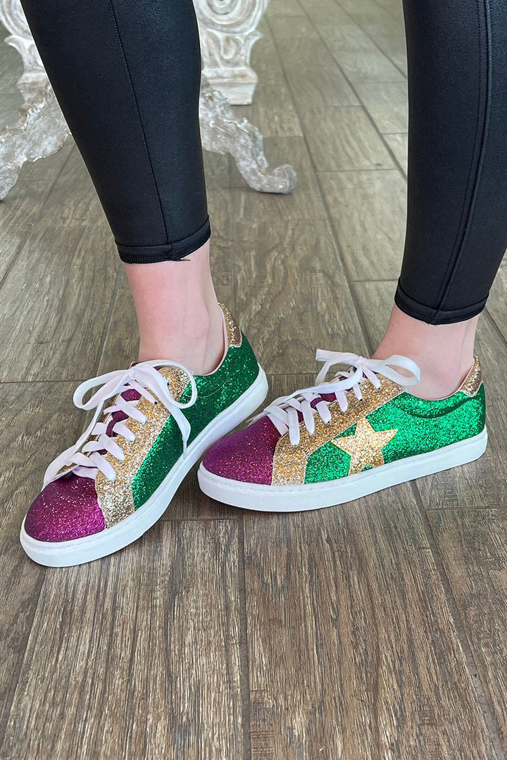 Mardi Gras – Flache Schnürschuhe mit dreifarbigen Pailletten