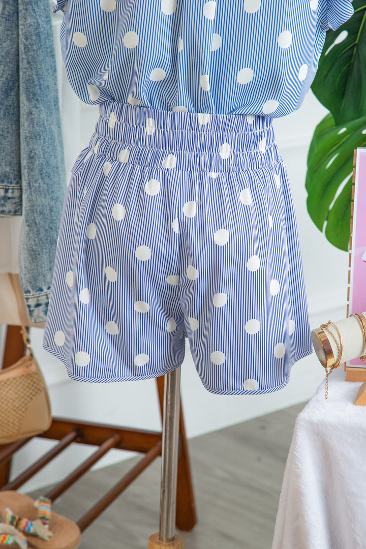 Sky Blue Polka Dot Print Shirred High Waist Casual Shorts