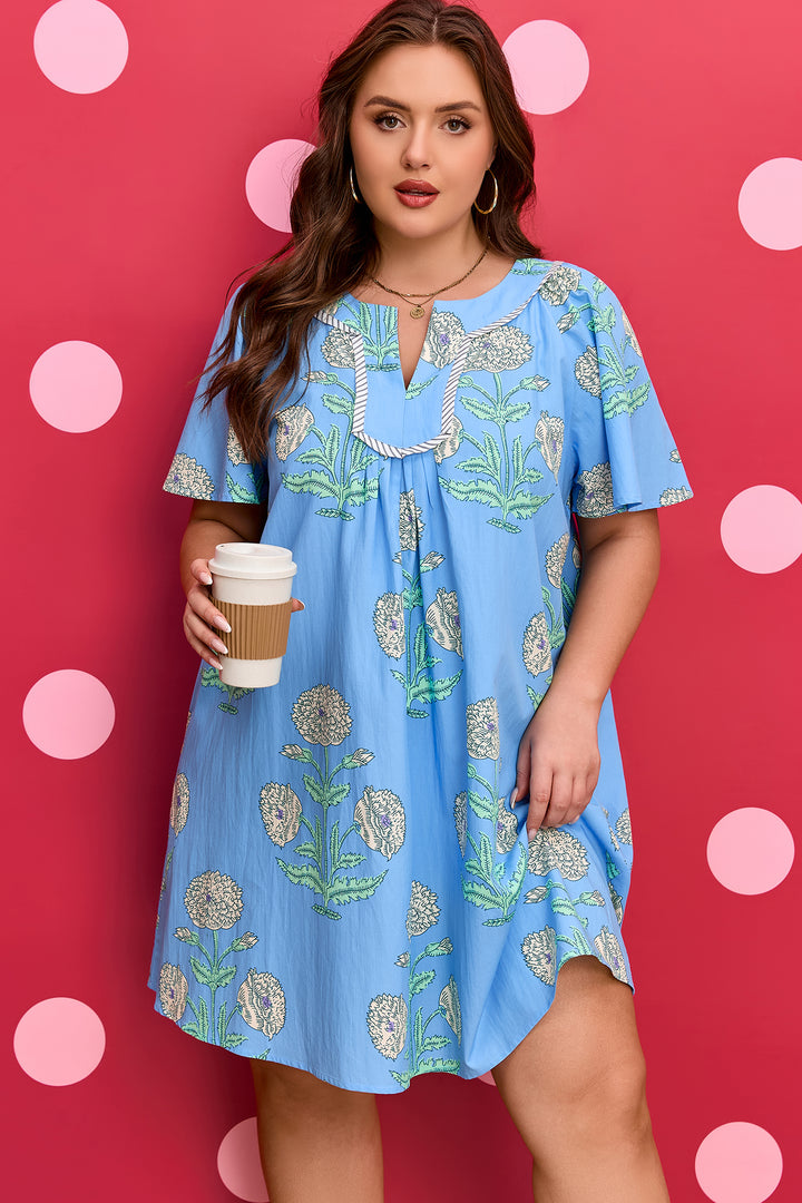 Sky Blue Plus Periwinkle Floral Printed Short Sleeve Mini Dress
