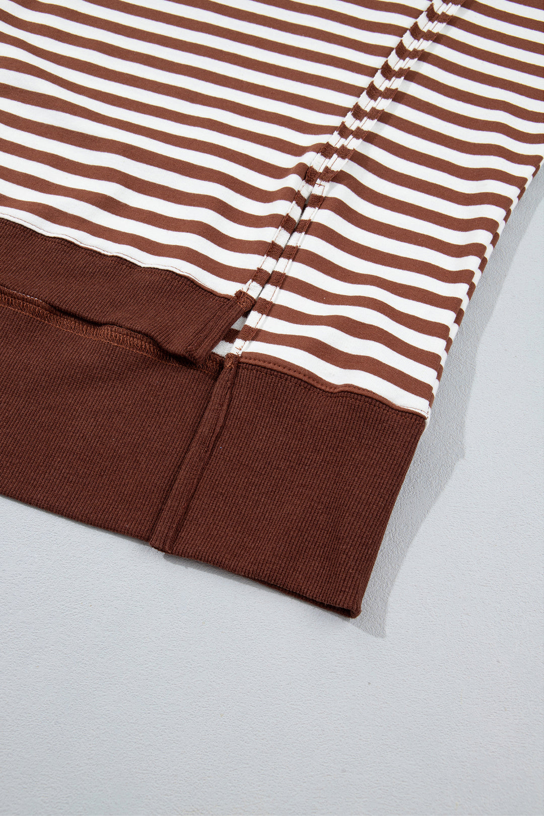 Brown Stripe Color Block Trim Raw Seam Split Hem Loose Pullover Sweatshirt