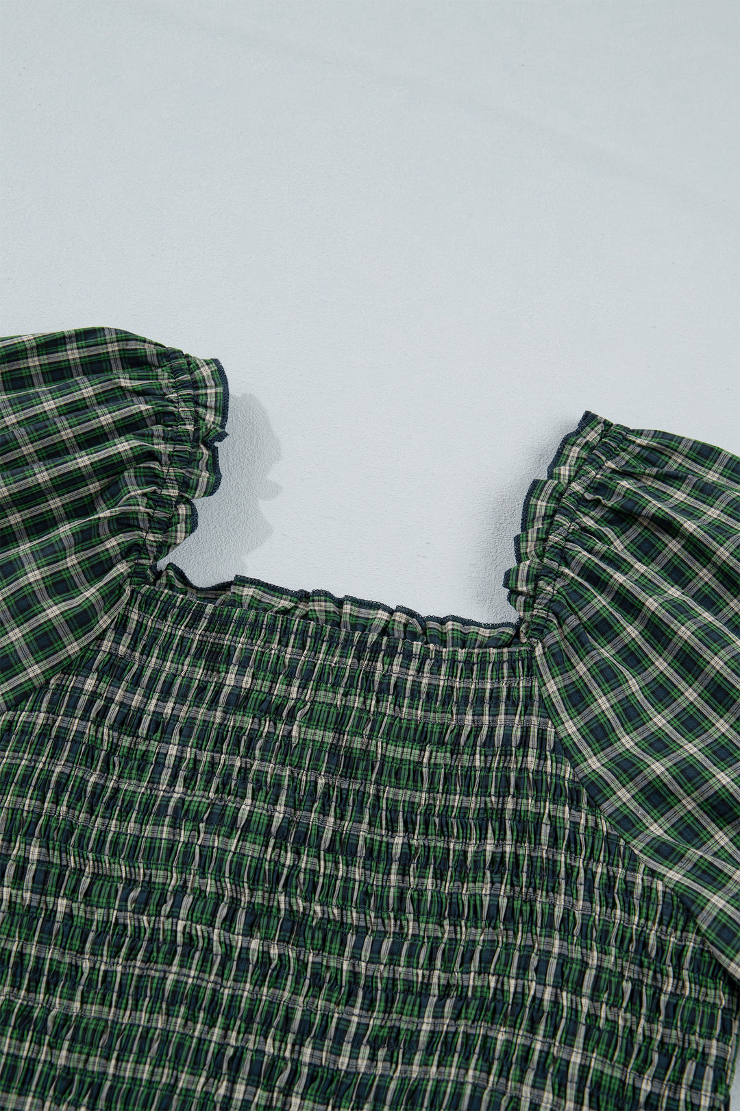 Green Plaid Square Neck Shirred High Waist Ruffle Hem Long Dress