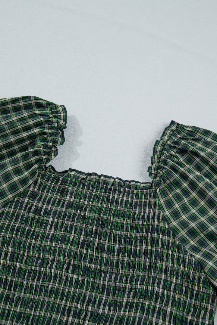 Green Plaid Square Neck Shirred High Waist Ruffle Hem Long Dress