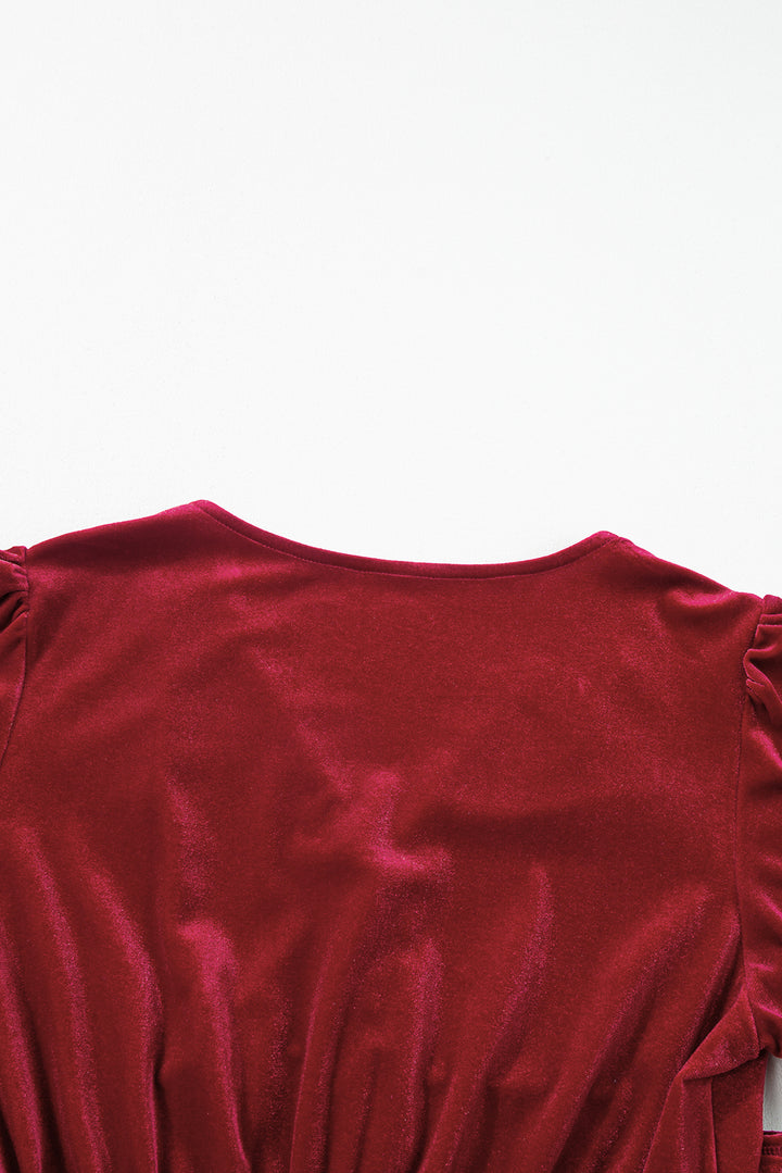 Dearlove Racing Red Velvet Buttoned Puff Sleeve V Neck Split Midi Dress
