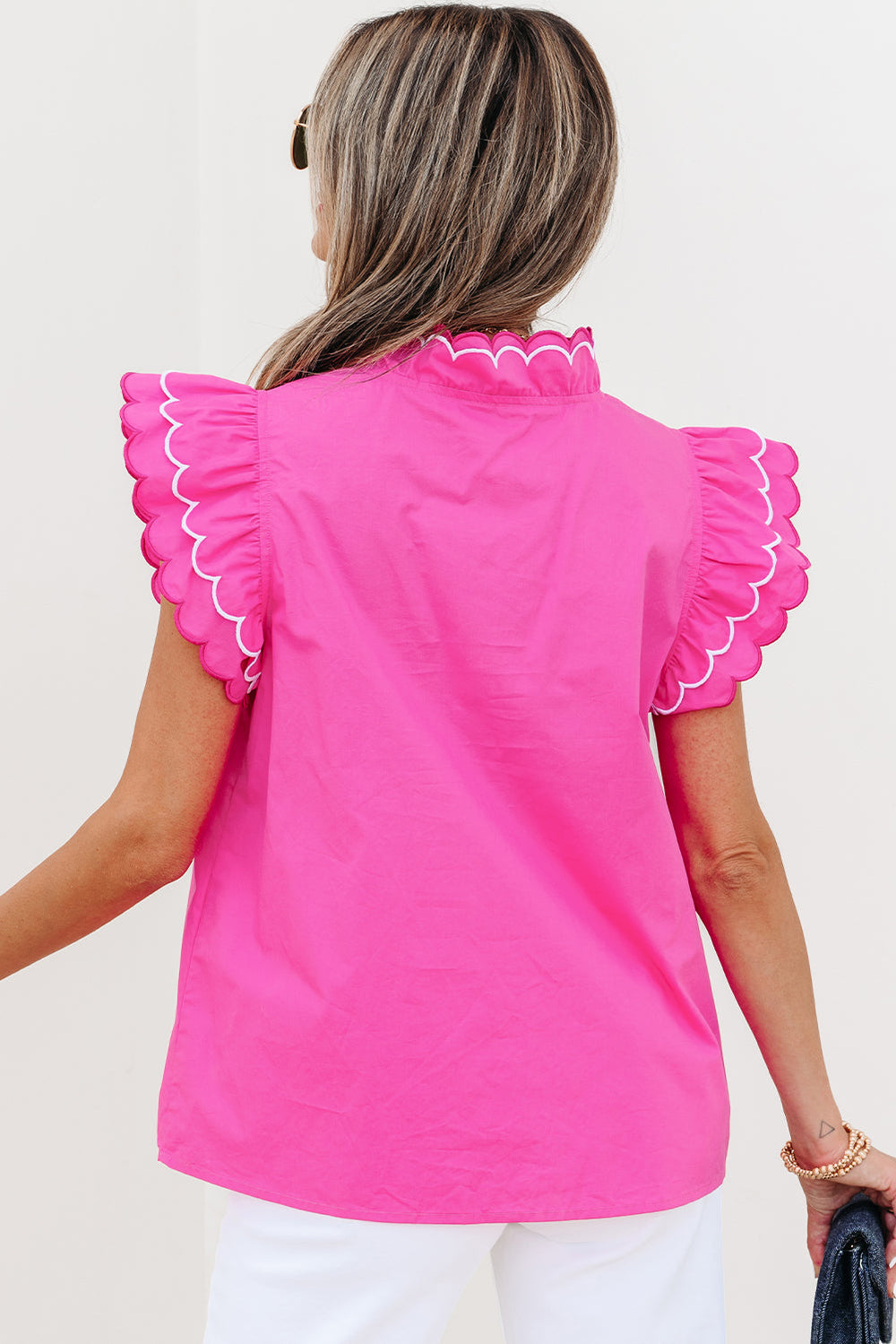 contrast scallop trim layered short sleeve v neck blouse