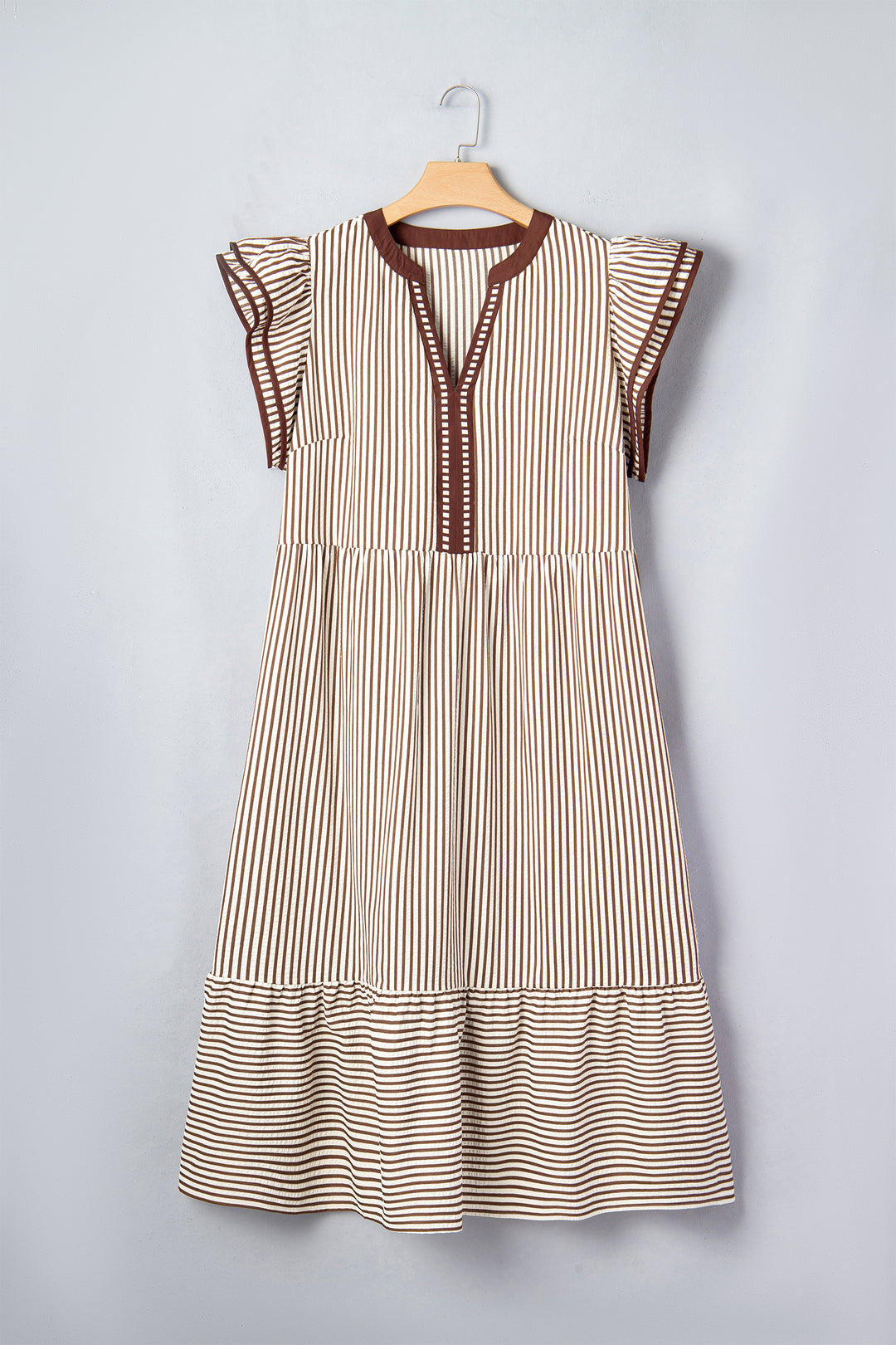 Brown Stripe Plus Size Slit V Neck Flutter Sleeve Maxi Dress