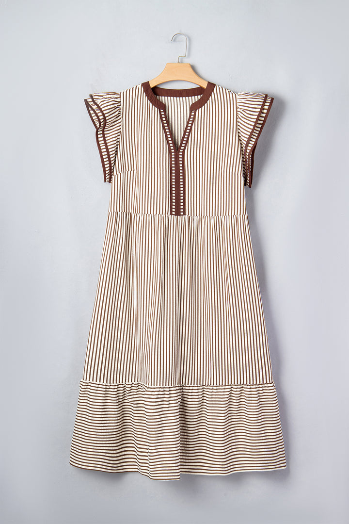 Brown Stripe Plus Size Slit V Neck Flutter Sleeve Maxi Dress