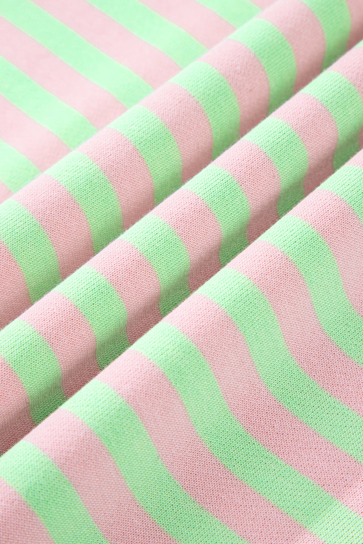 Green Stripe Contrast Ribbed Trim Crossed Stitch Drop Shoulder Sweatshirt