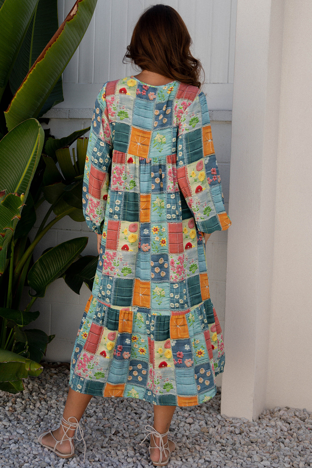 Mix Floral Checkered Pattern Bubble Sleeve Ruffle Hem Dress