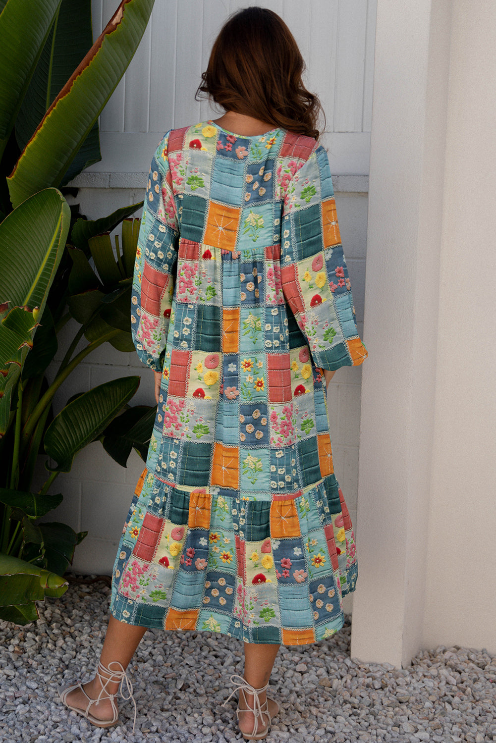 Mix Floral Checkered Pattern Bubble Sleeve Ruffle Hem Dress