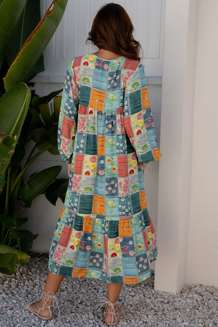 Mix Floral Checkered Pattern Bubble Sleeve Ruffle Hem Dress