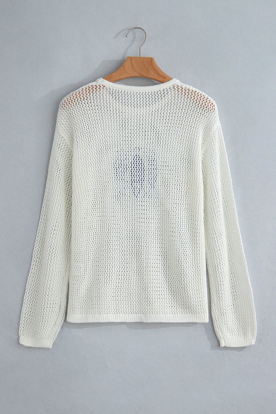 White Open Knit Fish Embroidered Casual Sweater