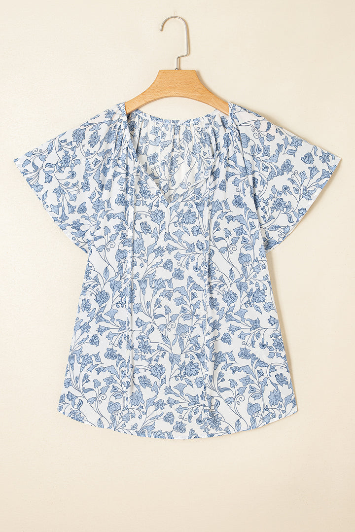 Sky Blue V-neck Short Sleeve Fashion Print Fantasy Fluttering Blouse