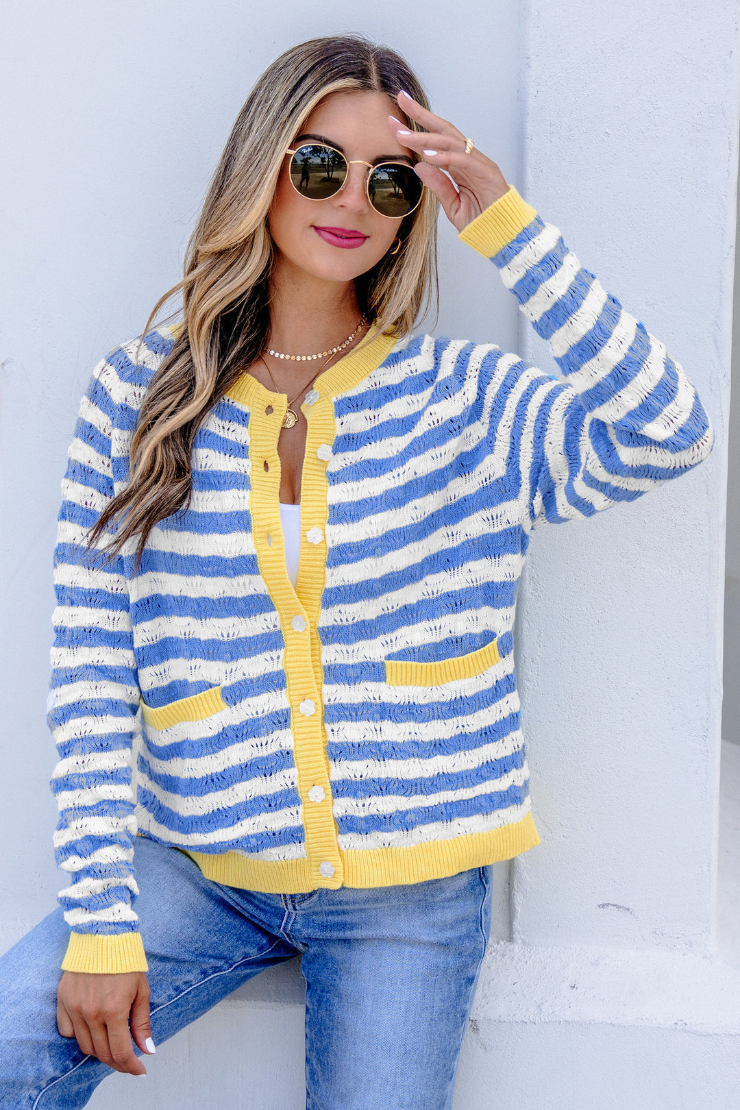 Sky Blue Stripe Button Front Long Sleeve Loose Fit Knit Cardigan