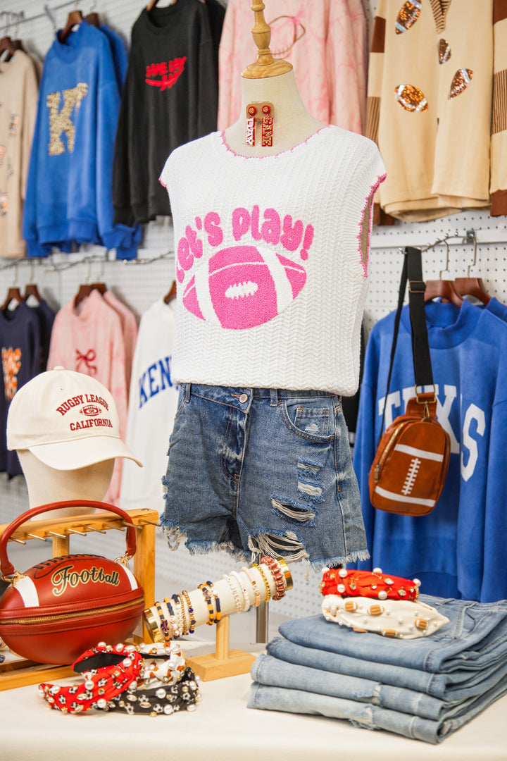 White Lets Play Rugby Pattern Textured Knit Casual Shift Sweater Vest