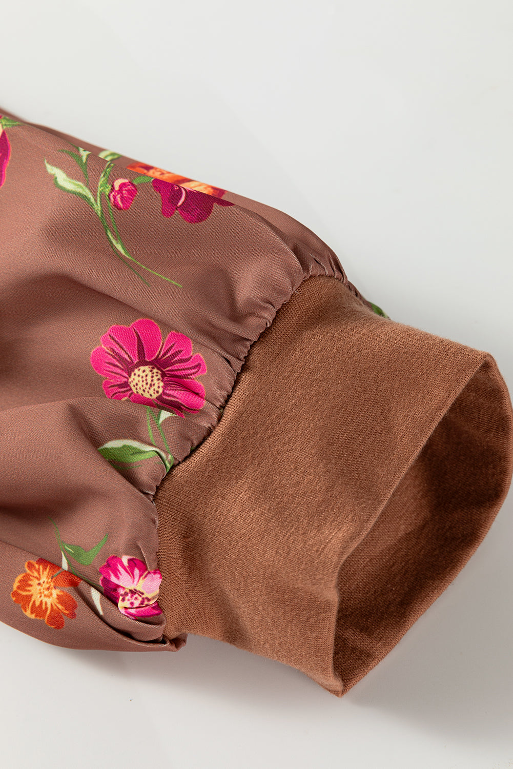 Brown Floral Sleeve Patchwork Round Neck Plus Blouse