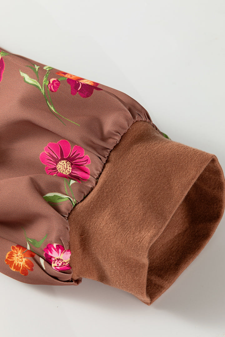 Brown Floral Sleeve Patchwork Round Neck Plus Blouse