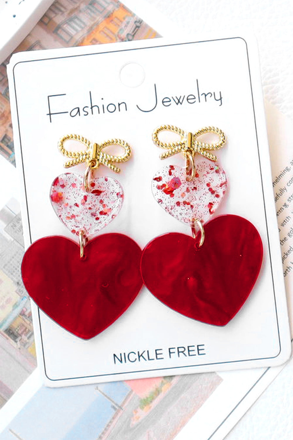 Boucles d'oreilles pendantes en forme de cœur et de nœud papillon