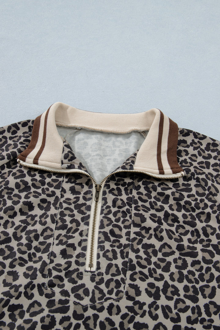 Leopard Print Half Zip Striped Trim Patchwork Short Sleeve Top
