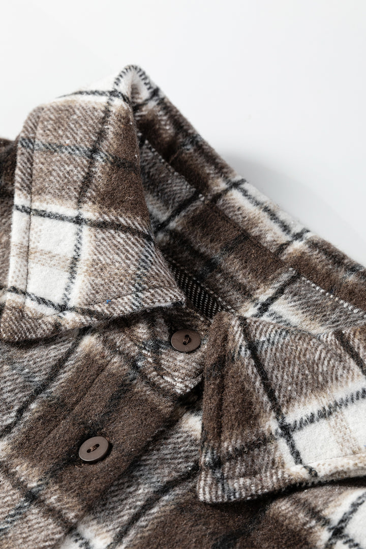 Dark Brown Flanel Plaid Single Chest Pocket Boyfriend Shacket