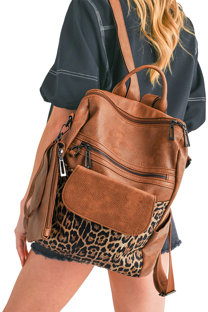 Sac à dos fonctionnel en cuir PU à motif patchwork léopard