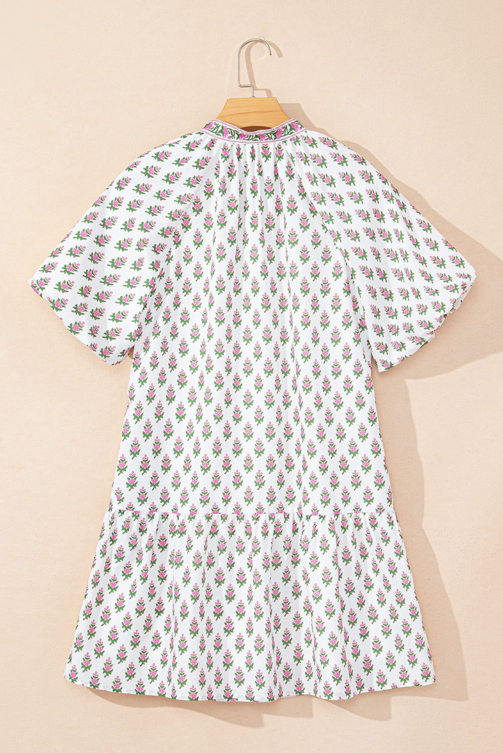 Floral Print Bubble Sleeve Neck Tie Ruffled Dress