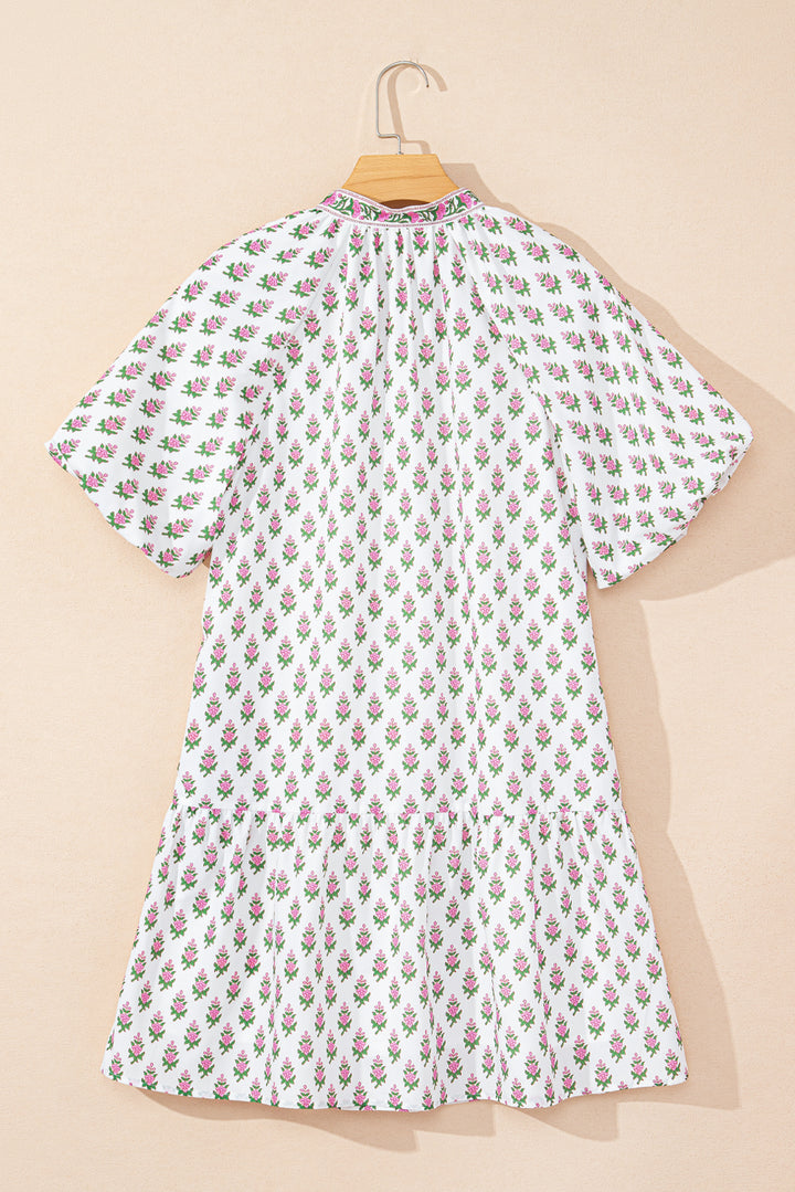 Floral Print Bubble Sleeve Neck Tie Ruffled Dress