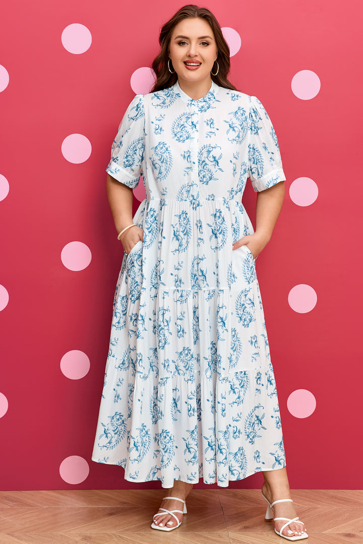 Sky Blue Plus Size Geometric Floral Print Short Sleeve Maxi Dress