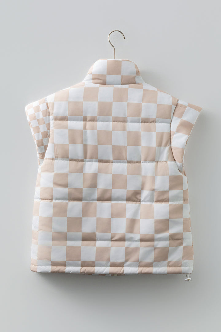 Khaki Contrast Plaid Quilted Button Zip Up Vest