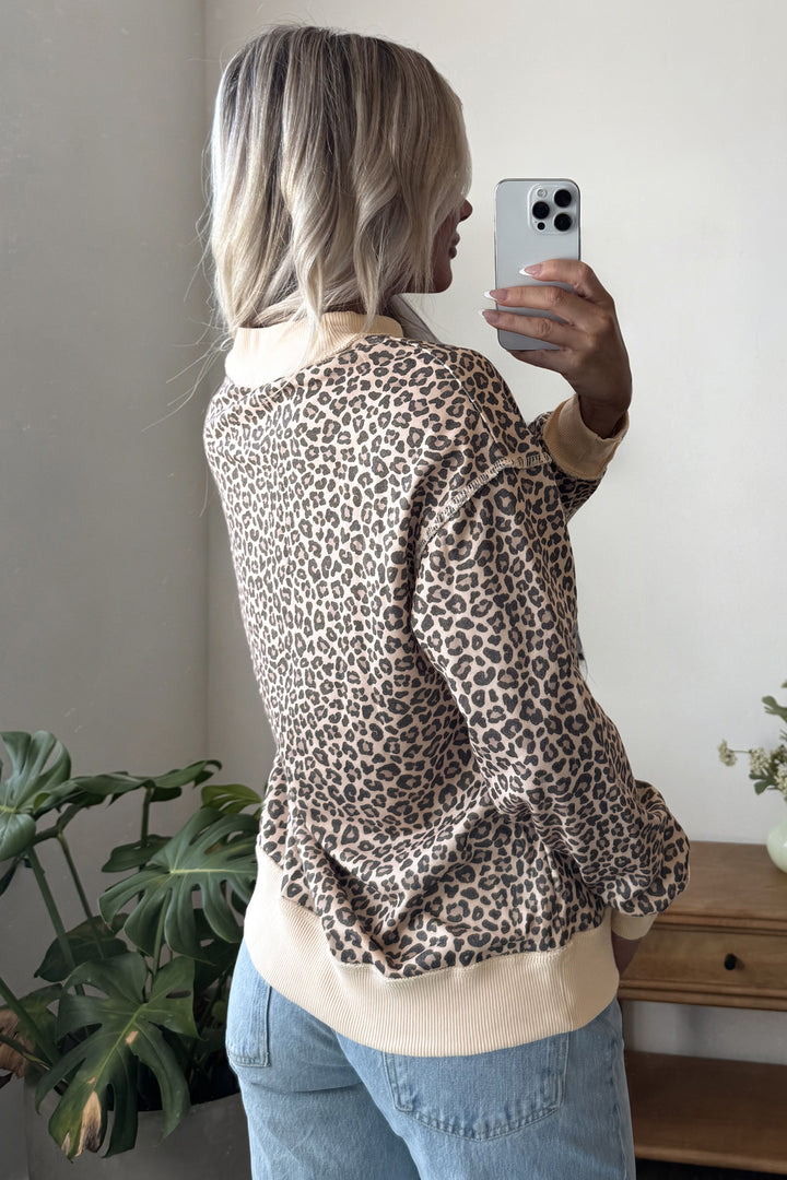 Multicolour Leopard Print High Neck Long Sleeve Ribbed Cuffs Hem Sweatshirt