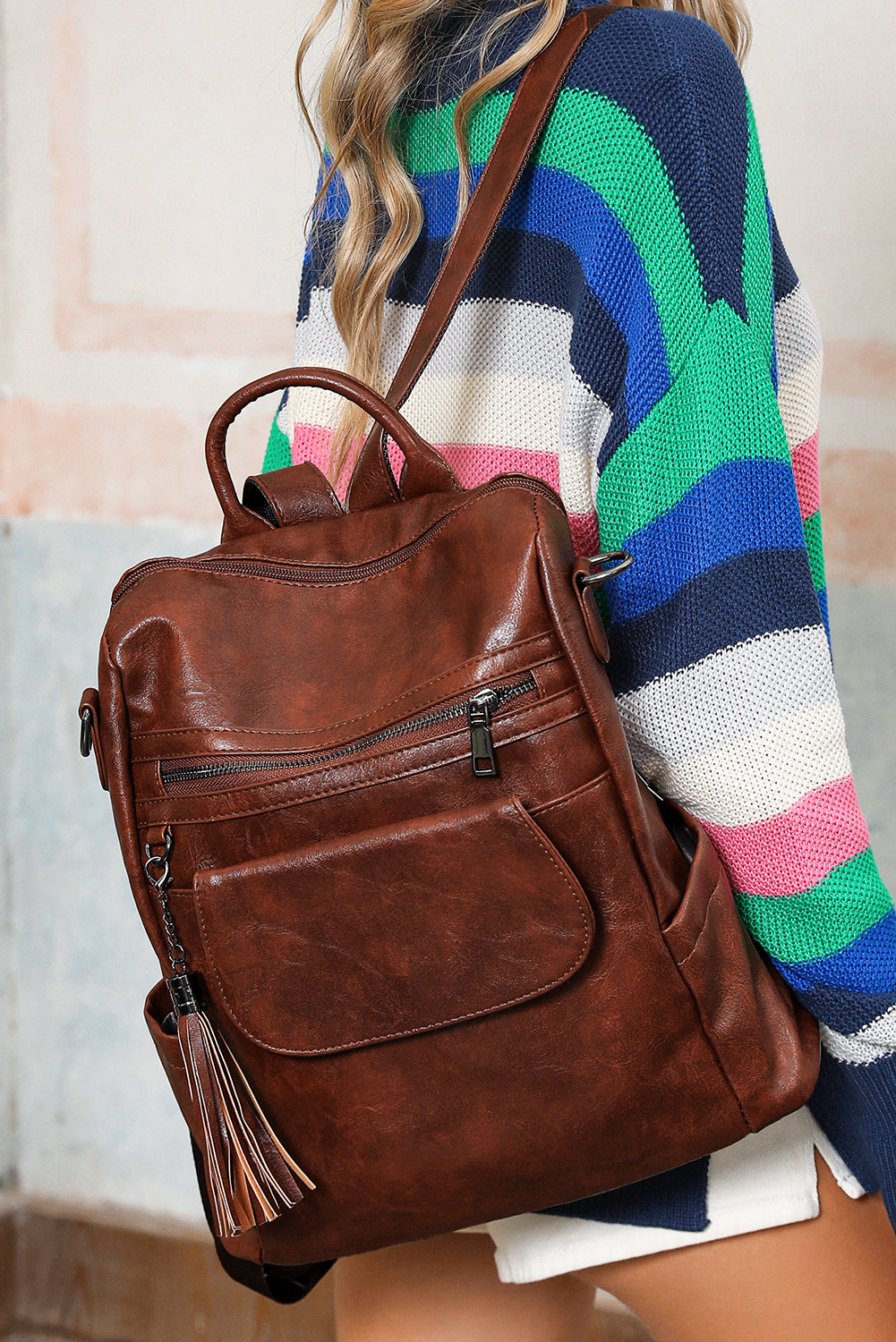 Tassel Decor Retro PU Large Capacity Backpack